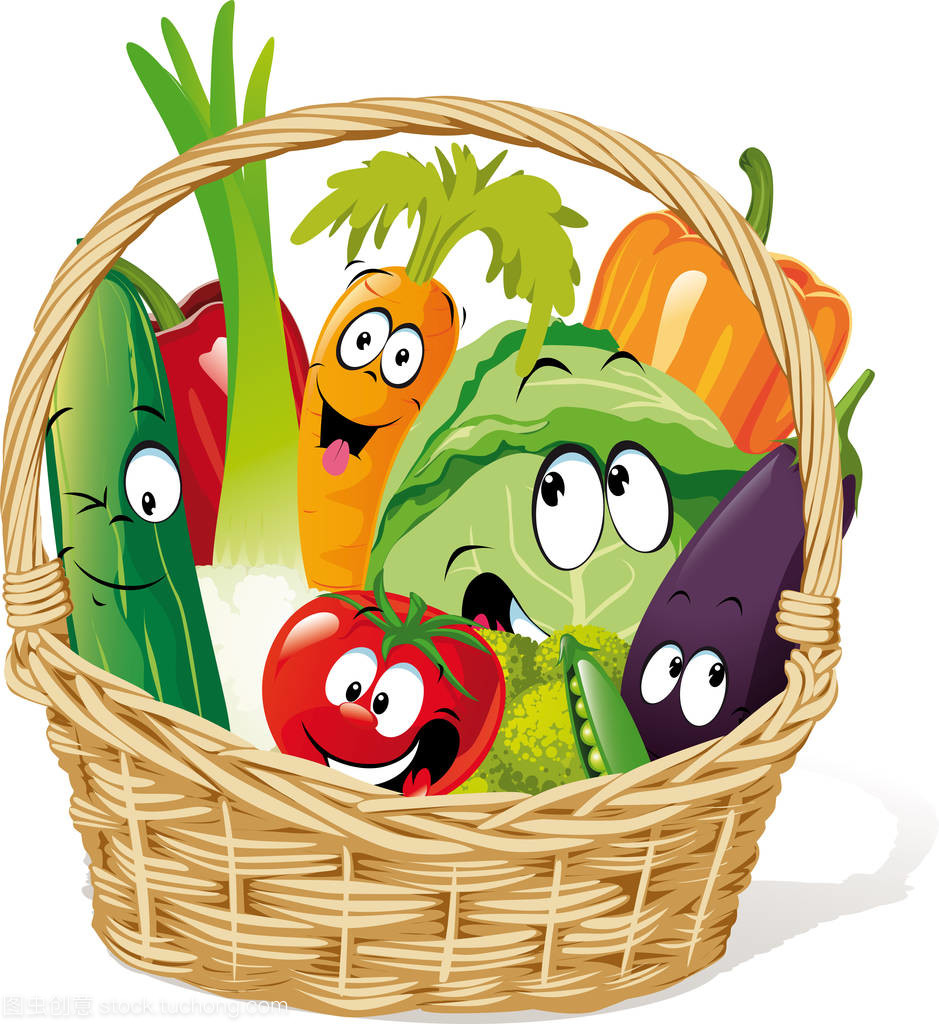 篮子充满蔬菜字符卡通-搞笑矢量设计